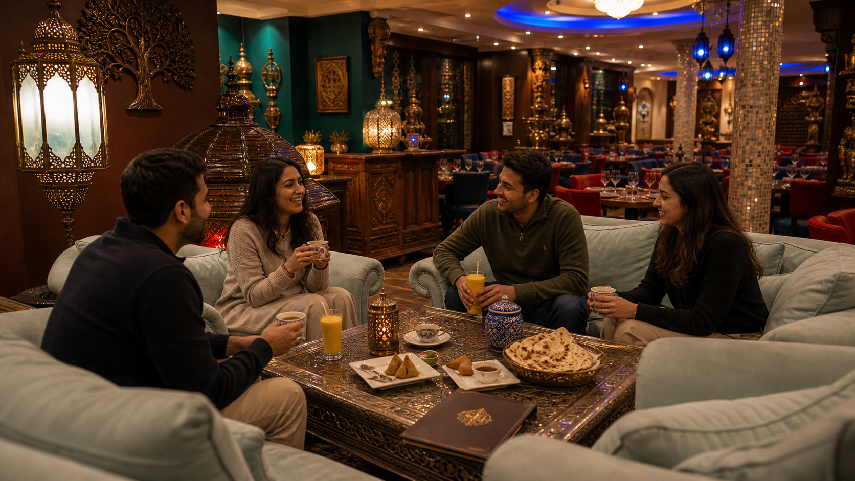 Naans, sauces et lassi pour accompagner le repas.