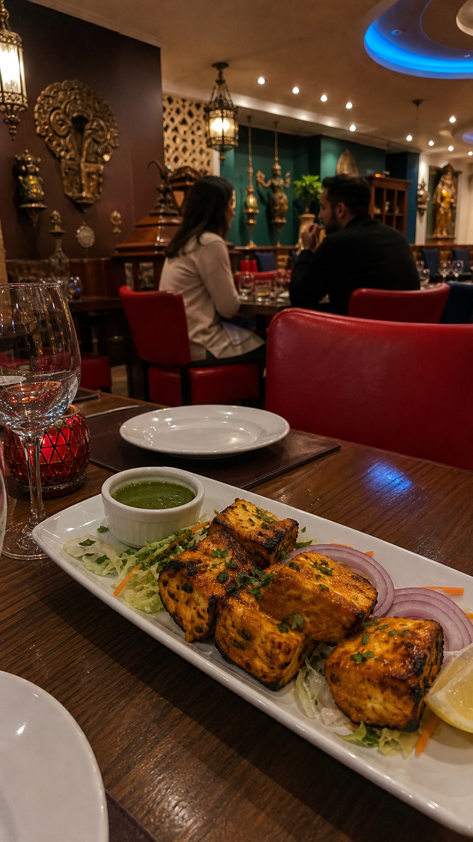 Detail d'un curry indien avec riz et naan.