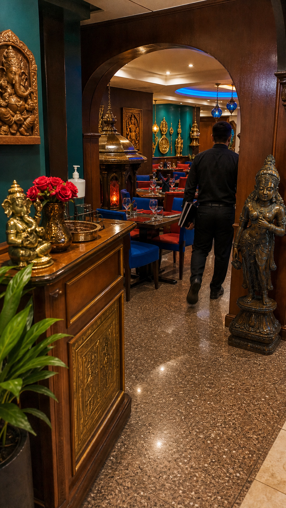 Interieur indien chaleureux avec plats a table.